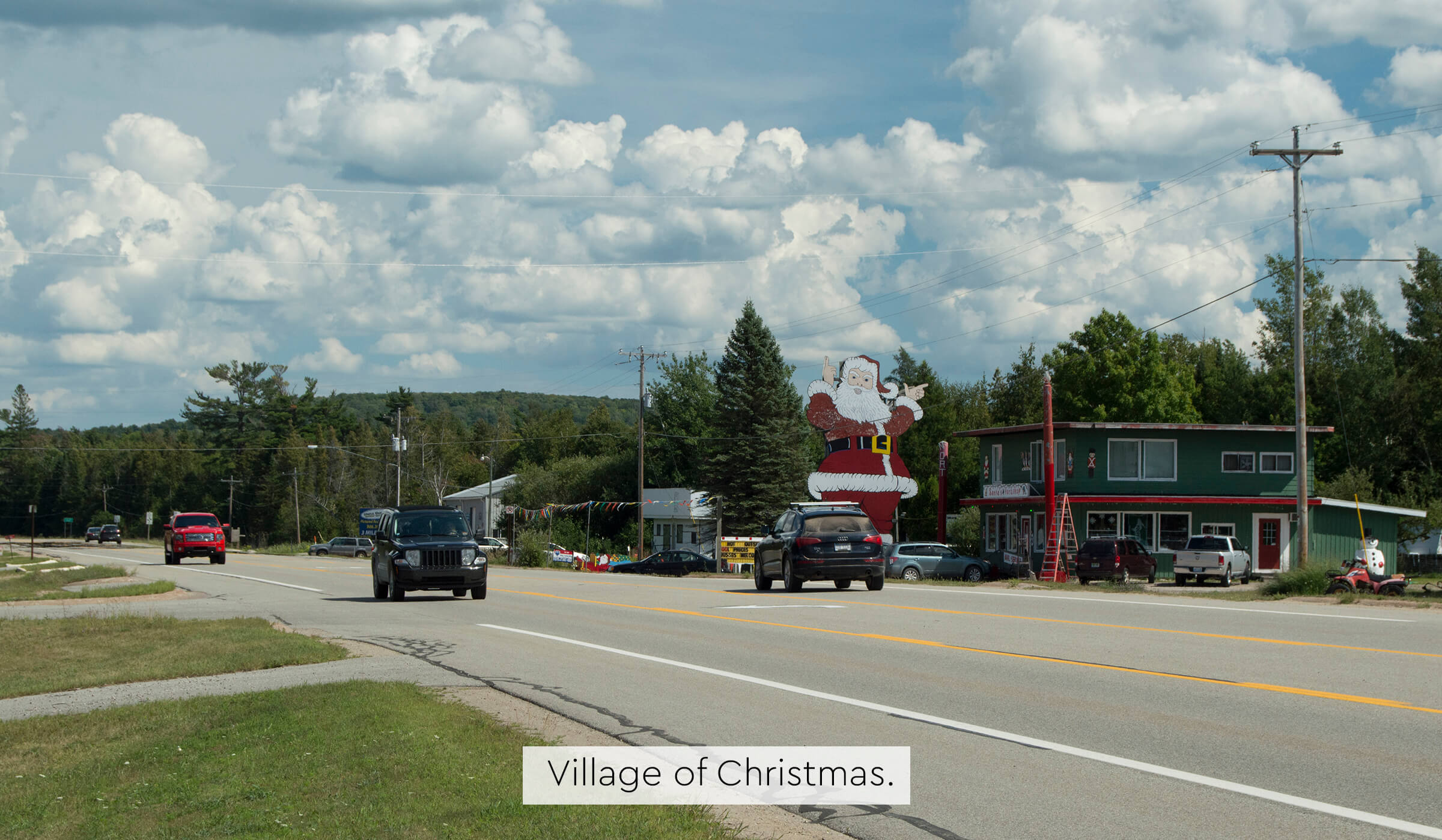 Road view with Santa Claus decoration in Christmas.