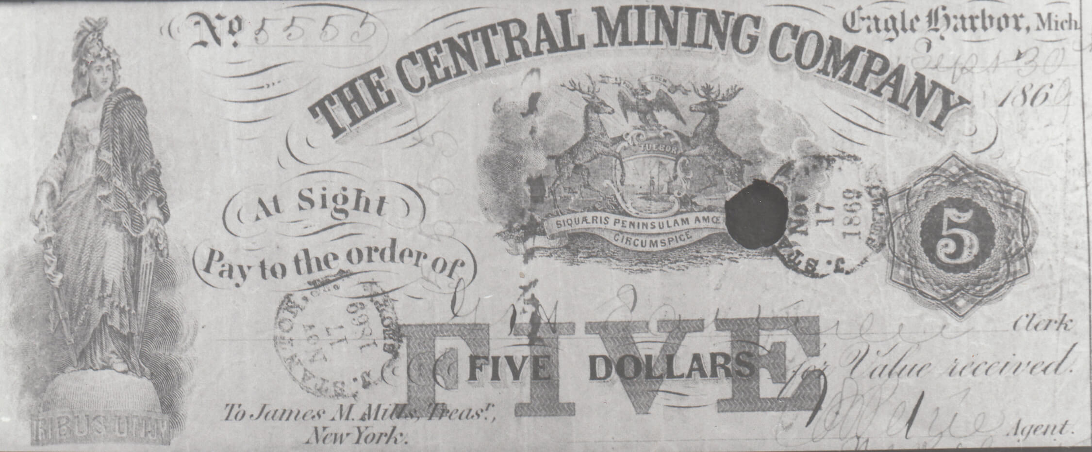 An 1860s five-dollar note issued by the Central Mining Company with ornate engravings and seals.