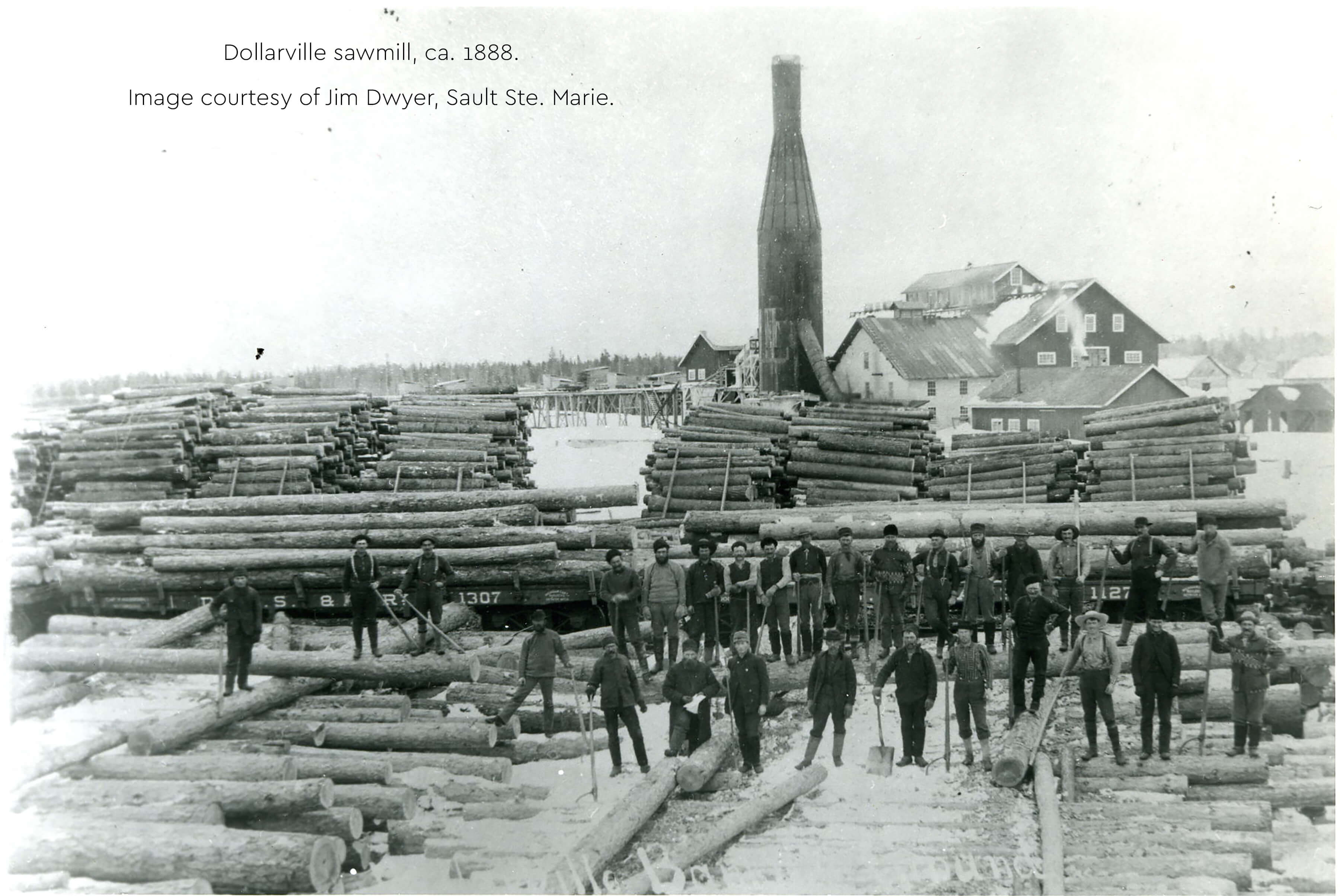 Historical photo of the Dollarville sawmill with workers and logs.