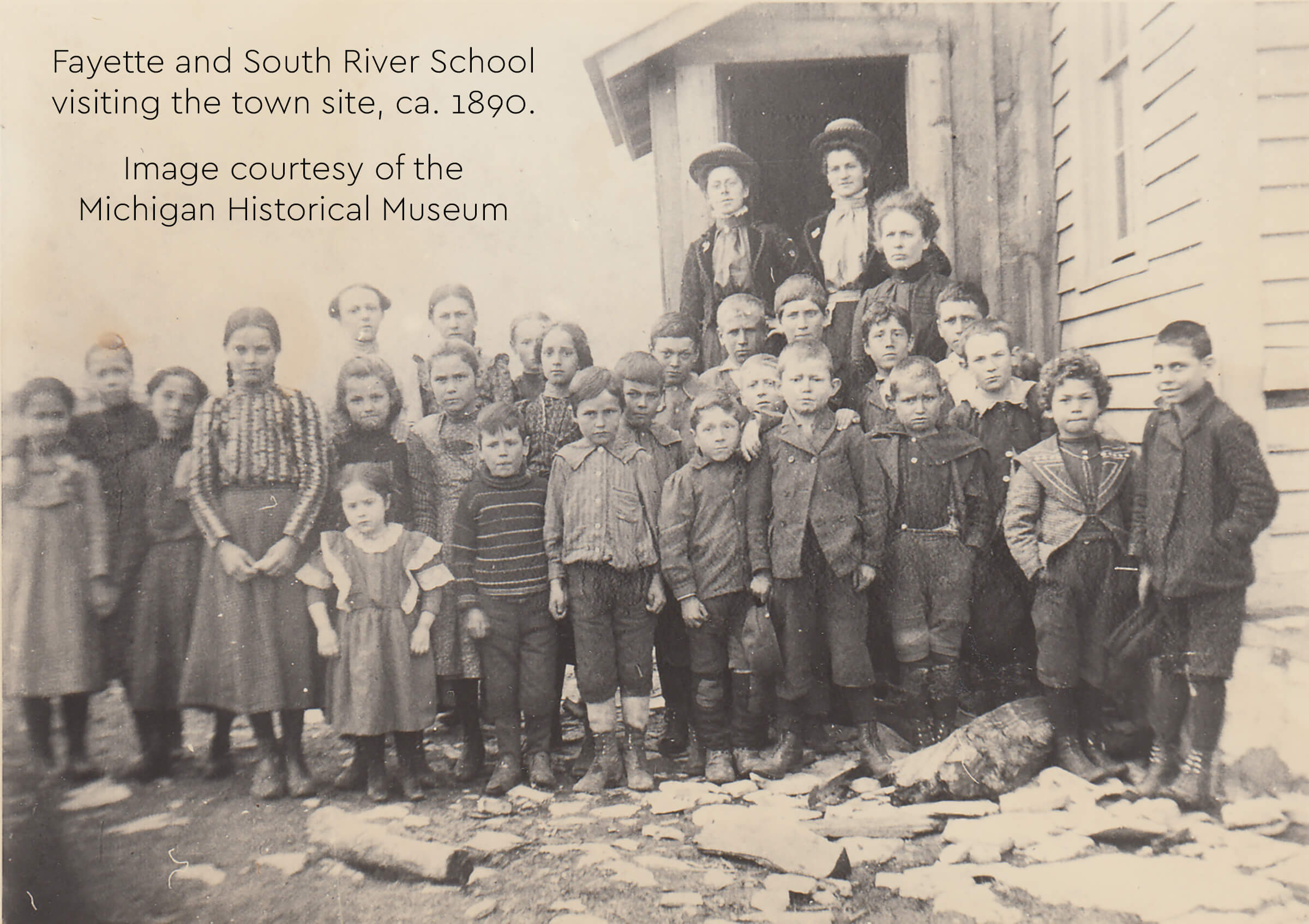 Historic photo of Fayette school children and teachers posing, ca. 1890.