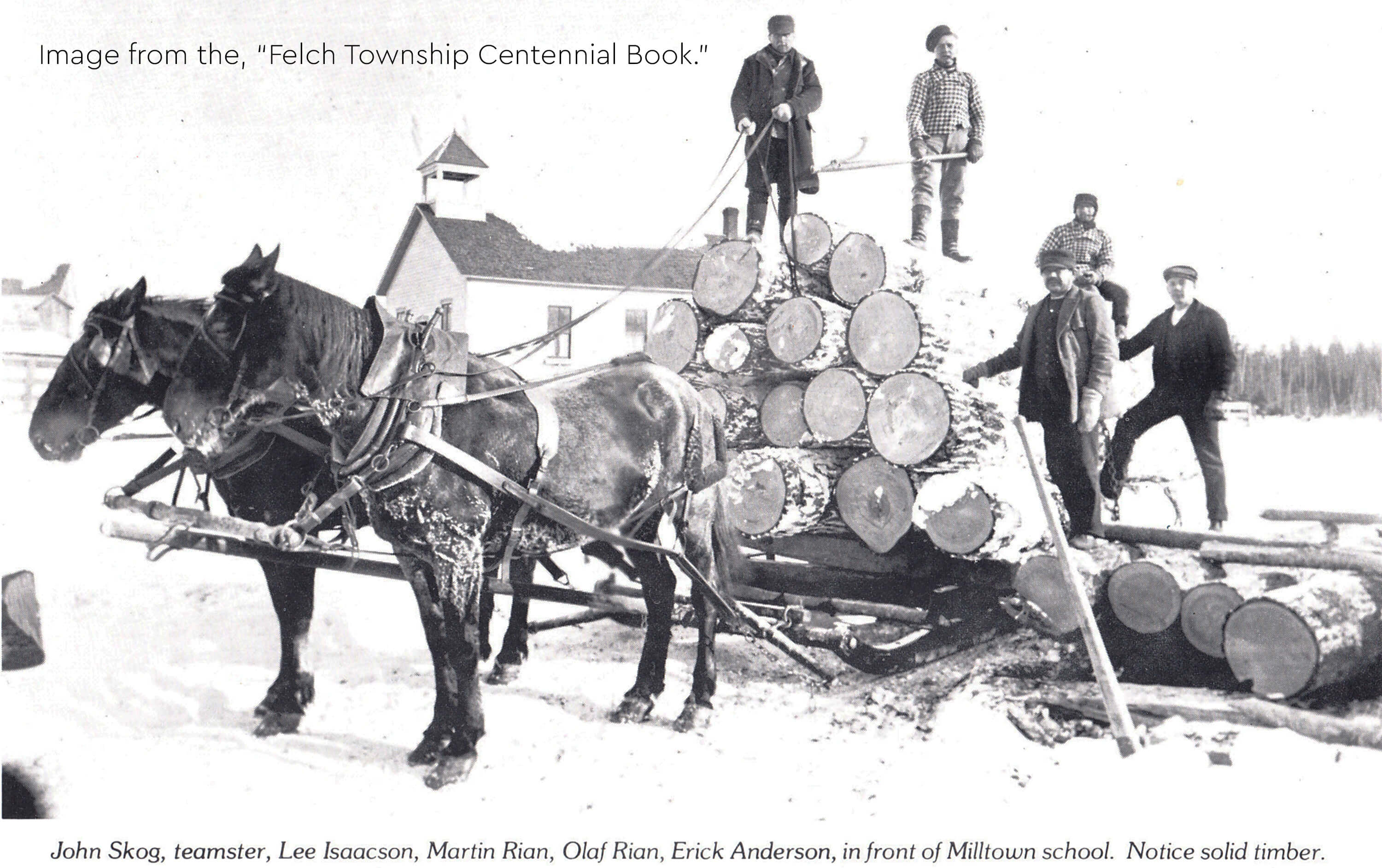 Historic timber haul near Milltown school with teamsters and horses.