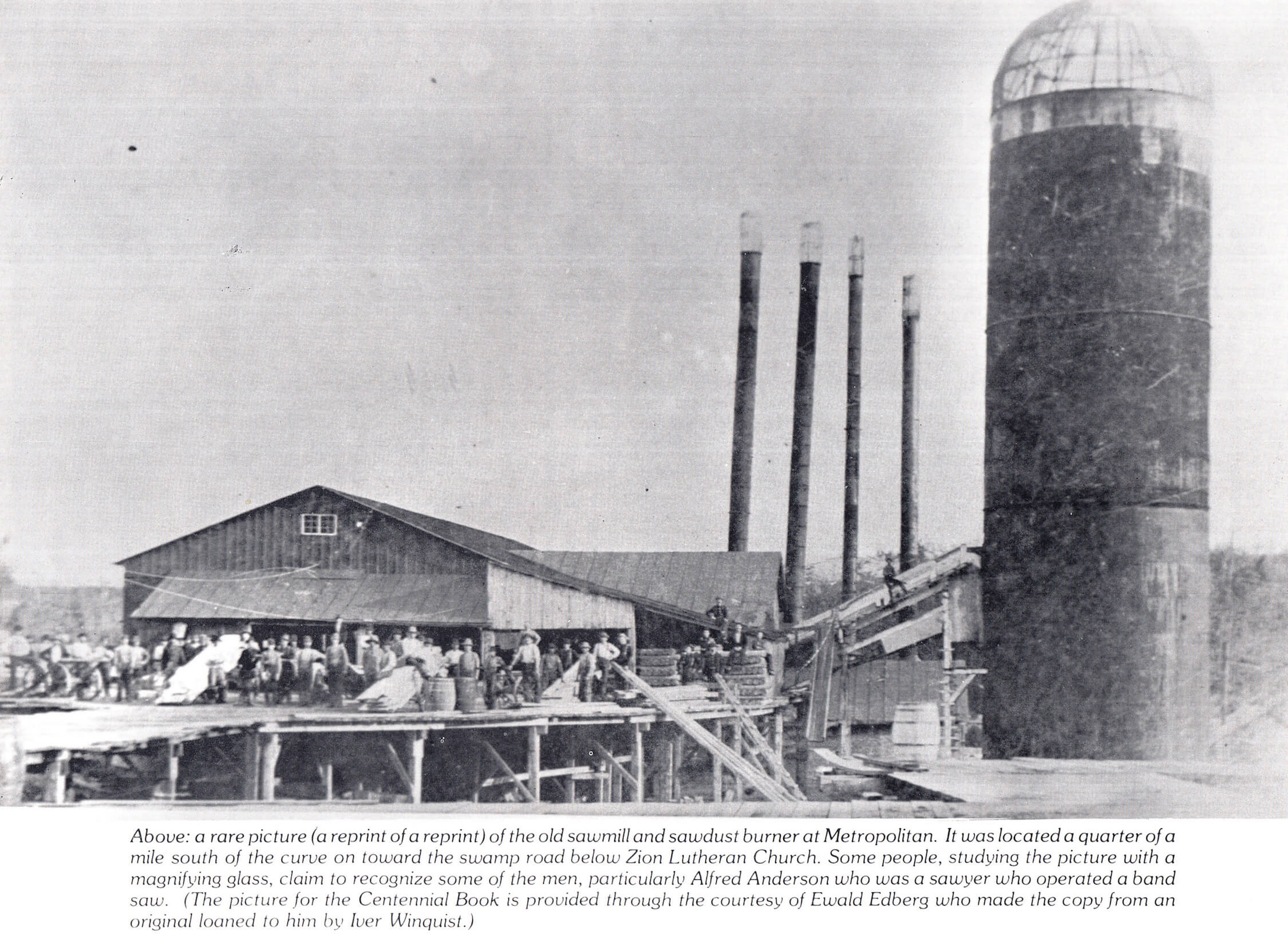 Workers at the sawmill and stack burner in Metropolitan, late 19th century.