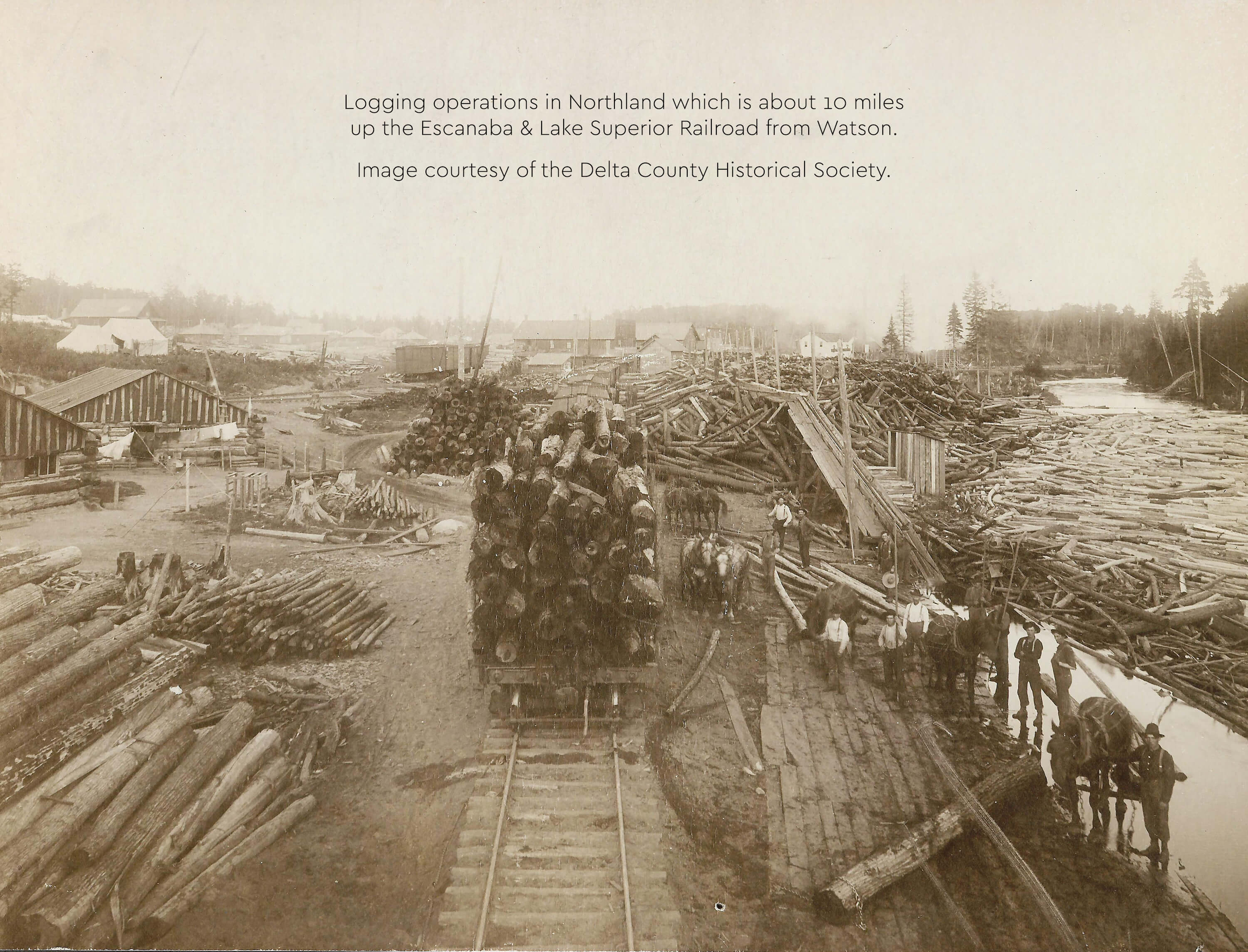 Historic logging operation with workers and logs loaded on railroad cars.