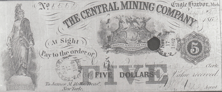 An 1860s five-dollar note issued by the Central Mining Company with ornate engravings and seals.