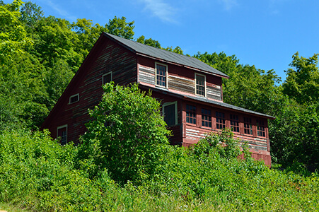A weathered red wooden house with faded siding, surrounded by dense green vegetation and trees.