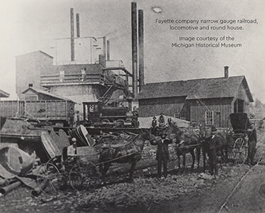 Historic photo of Fayette narrow gauge railroad with workers and horses.