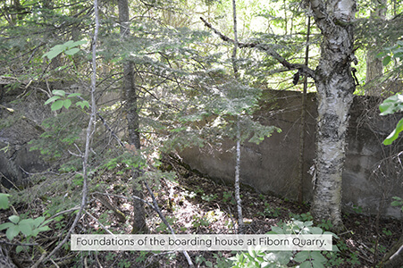Concrete boarding house foundations surrounded by trees at Fiborn Quarry.