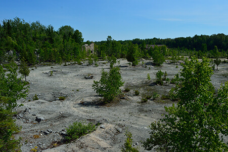 Open quarry landscape with sparse vegetation and remnants of structures.