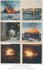 A series of six photographs showing buildings in Gibb's City engulfed in flames.