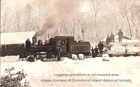 Historic image of a logging train and workers in Johnswood during winter.