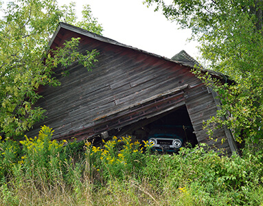 A collapsing barn partially obscuring an old truck in Metropolitan.