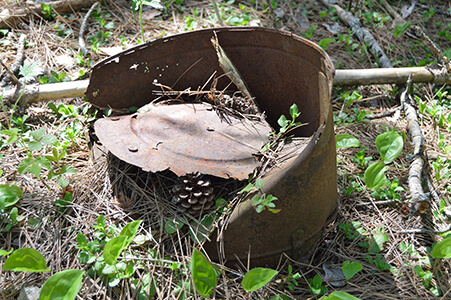 Rusted metal container with a broken lid, partially buried in forest debris in Tula, Michigan.