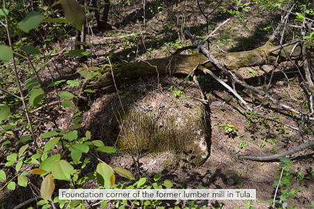 Moss-covered foundation block of the former lumber mill in Tula, Michigan.