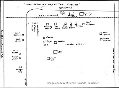 Hand-drawn map of Tula, Michigan, from 1909-1911, showing buildings and landmarks.