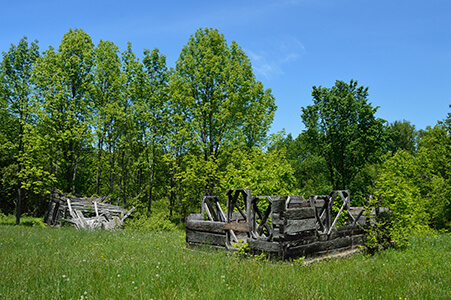 Wooden ruins of old structures in a grassy clearing with trees in the background.