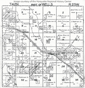A historical plat map of Watson, Michigan, showing land divisions and railroad routes.