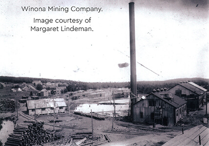 Historic image of the Winona Mining Company with industrial buildings and a smokestack.