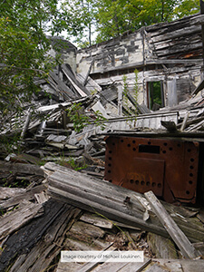 Ruins of a collapsed wooden building with rusted metal stove in foreground.
