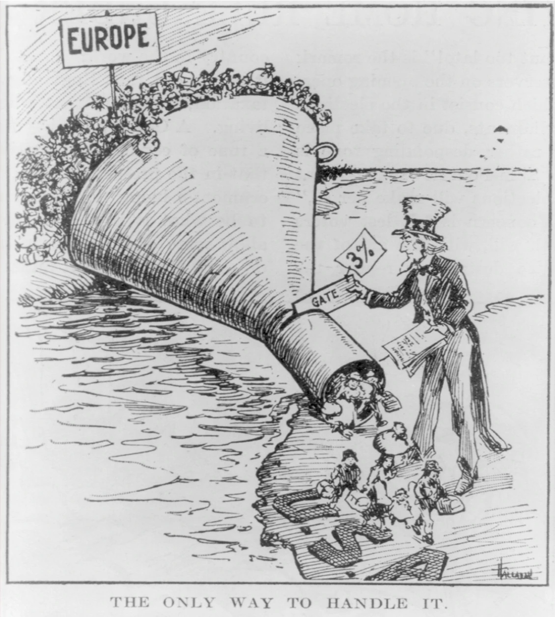 Uncle Sam limits European immigration using a funnel labeled "3%" in a political cartoon.