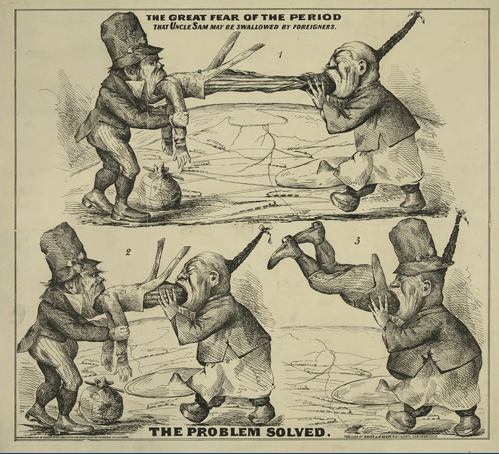 Anti-immigrant cartoon showing Uncle Sam being "swallowed" by foreigners, then the reverse.
