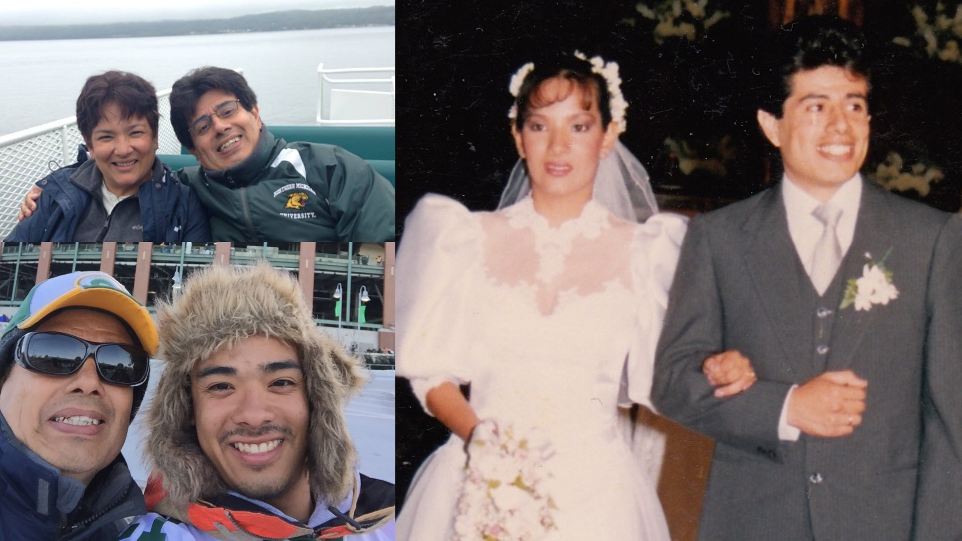Photos of Hugo as an adult, including travel, family, and his wedding day.