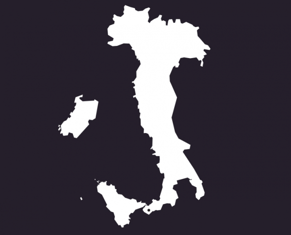 Black and white outline map of Italy with Simbario, Calabria denoted.