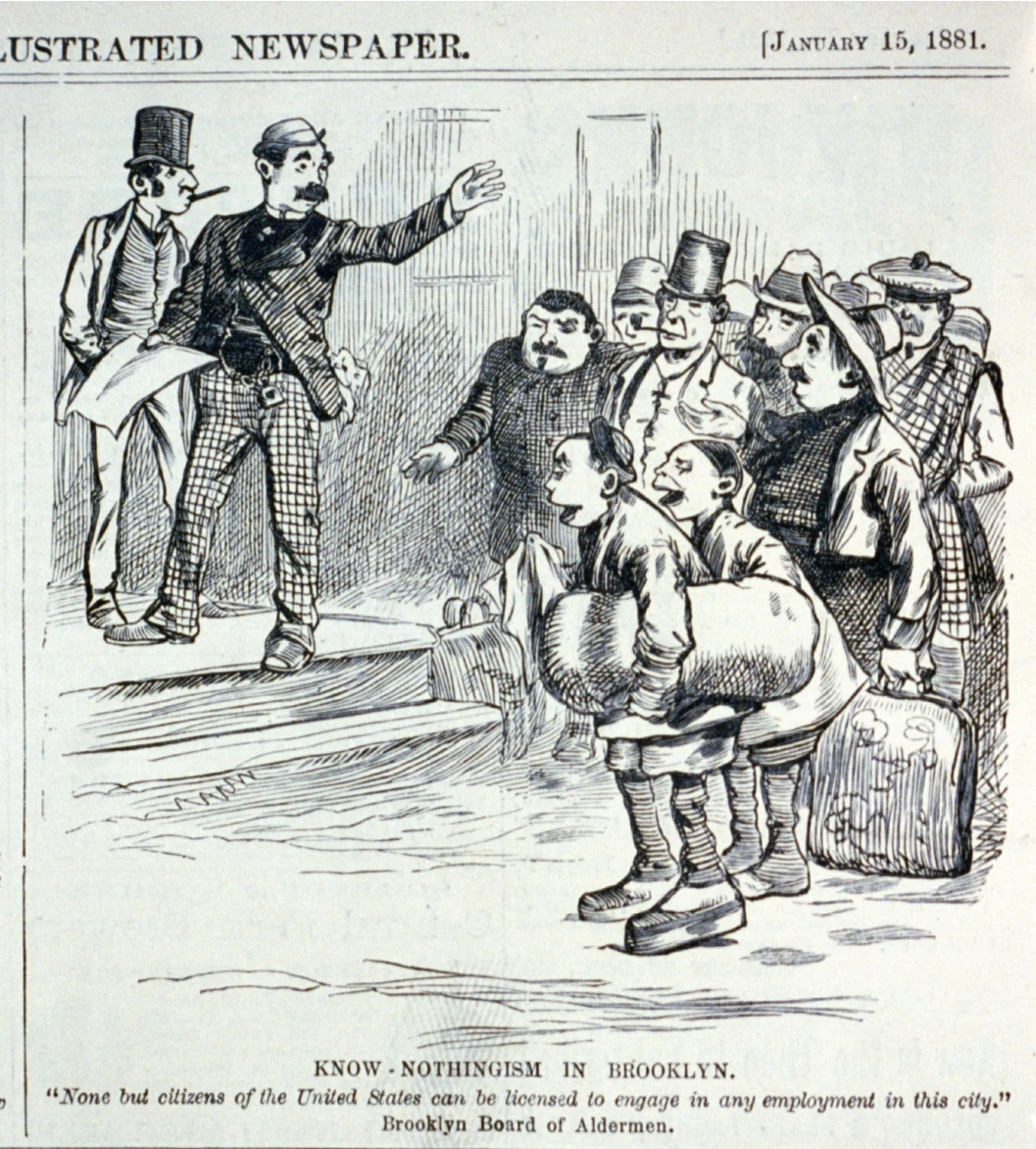 1881 cartoon criticizing anti-immigrant labor policies in Brooklyn, titled "Know-Nothingism."