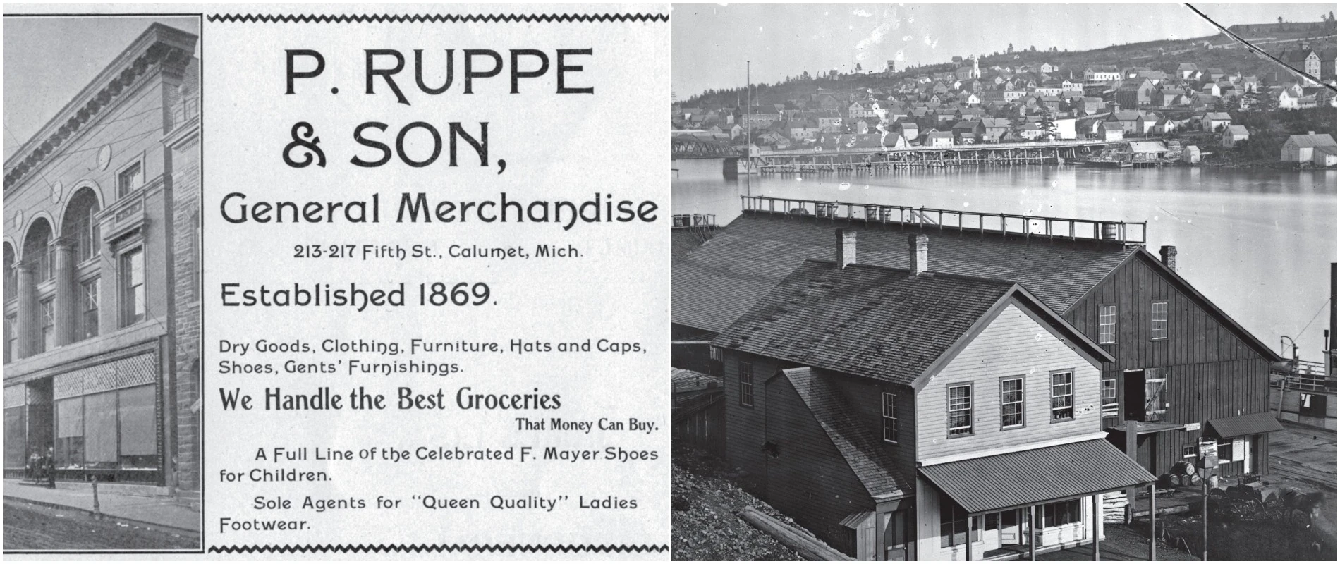 Historic images of Ruppe & Son store and a waterfront industrial building in Michigan.