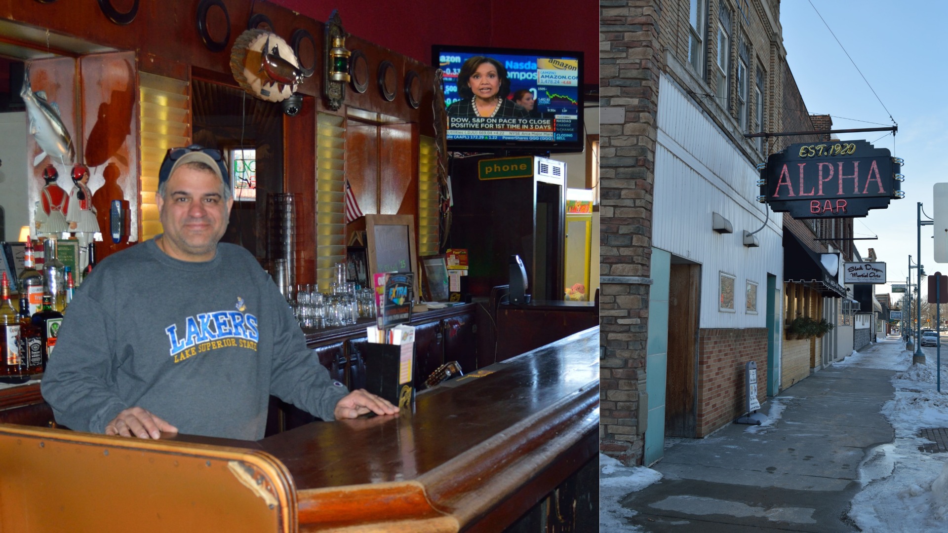 Stathi Kritselis oictured in the Alpha Bar in Sault Ste. Marie, along with the bar front..