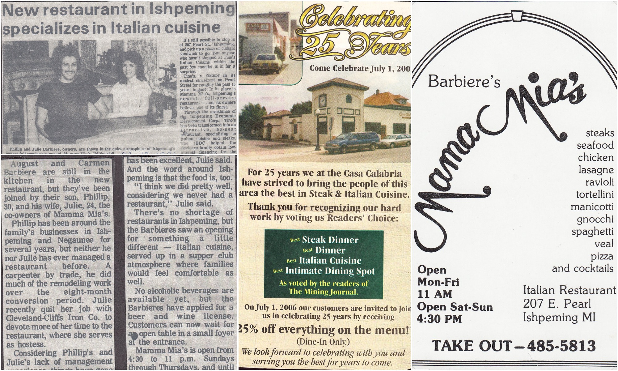 Collage of newspaper articles (not complete) and adds for Casa Calabria and Mamma Mia's.