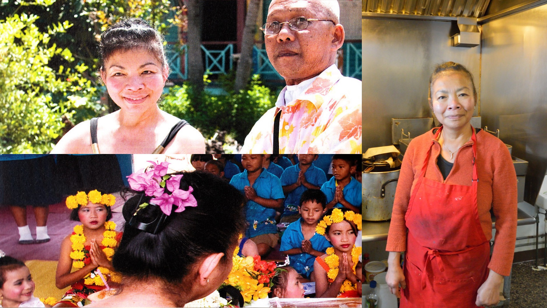 Collage of Aoy in Thailand and in her kitchen.