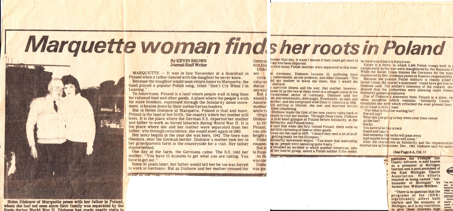 Newspaper story about Helen Dishnow of Marquette reconnecting with her father in Poland after WWII.