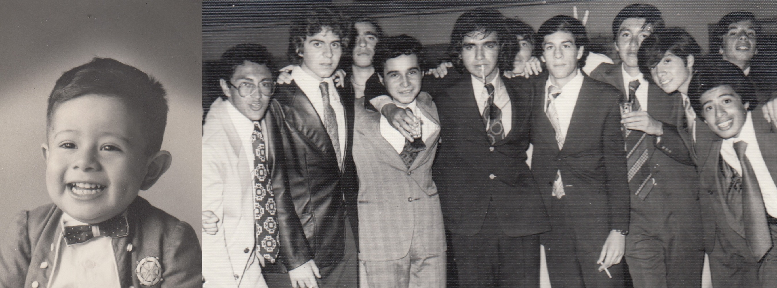 Childhood photo of Hugo and a 1976 high school party where Hugo appears at the far right.
