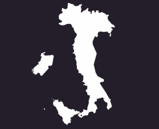 Black and white outline map of Italy with Simbario, Calabria denoted.